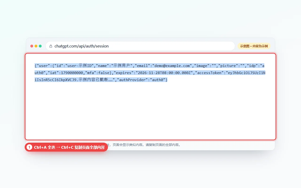 账号信息页面示意:按 Ctrl+A 全选,Ctrl+C 复制全部内容(内容为示例)